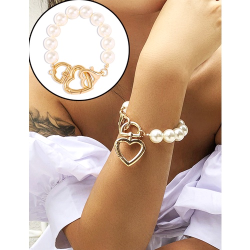 LRC Gelang Tangan Fashion Golden Love Alloy Pearl Hollow K45123