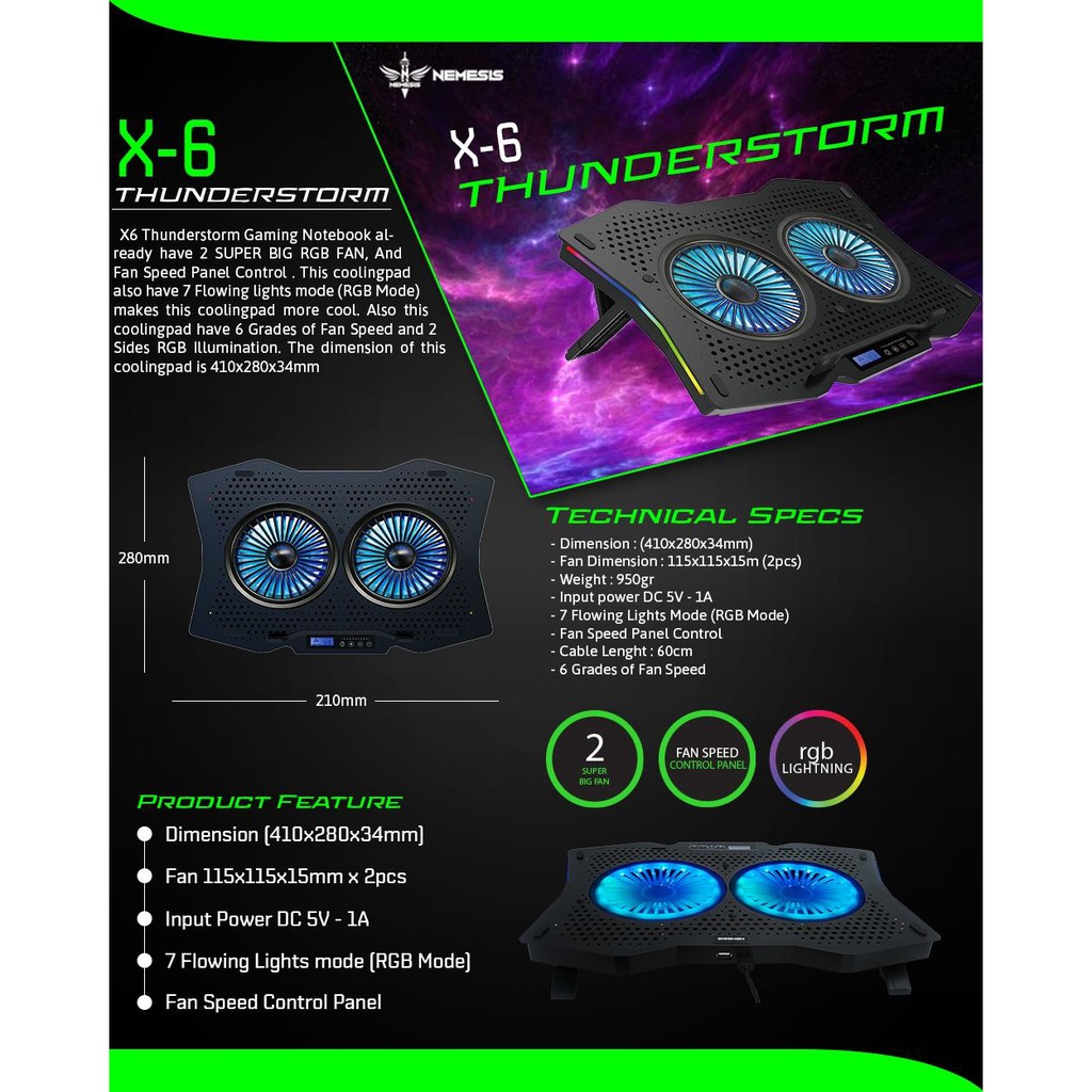 Coolingpad notebook Gaming Nyk X-6 Thunderstorm rgb 2 fan - Cooling pad Nyk nemesis x6 - Cooler pad