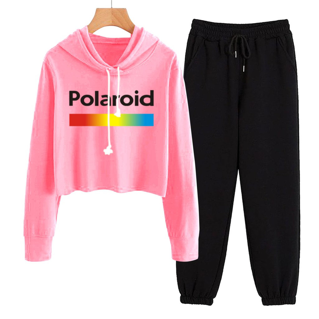 BESS - Baju Setelan Wanita Murah / Setelan Hoodie Crop + Jogger Hitam - POLAROID