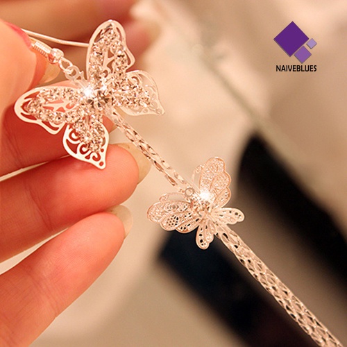 Anting Kait Panjang Double Layer Bentuk Butterfly Aksen Berlian Imitasi Untuk Wanita