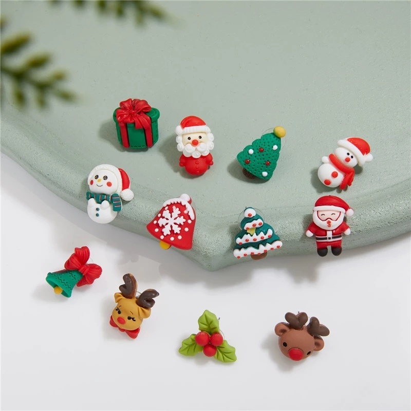 1pasang Kartun Lucu Elemen Natal Stud Earrings Merry Christmas Gadis Fashion Studs Earrings Aksesoris