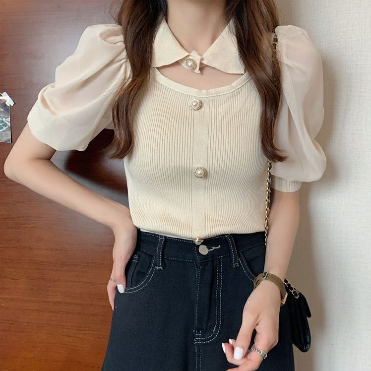 7213  Baju Kemeja Blouse Atasan lengan pendek balon polos kerah pita rajut import wanita terbaru Baj