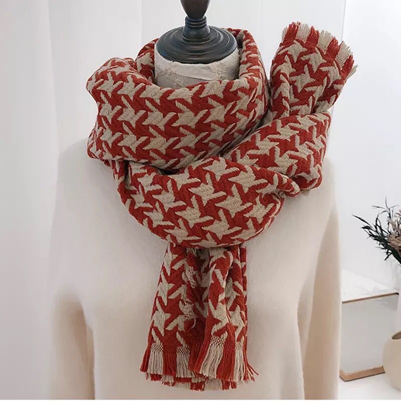 Winter Houndstooth Scarf Syal Pashmina Panjang Bordir