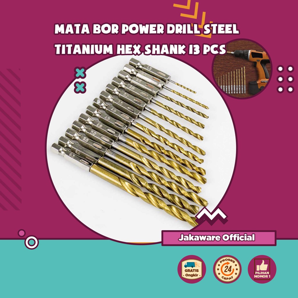 MATA BOR POWER DRILL STEEL TITANIUM HEX SHANK 13 PCS KAYU ALAT PELUBANG SET BESI LUBANG PENDEK MINI 