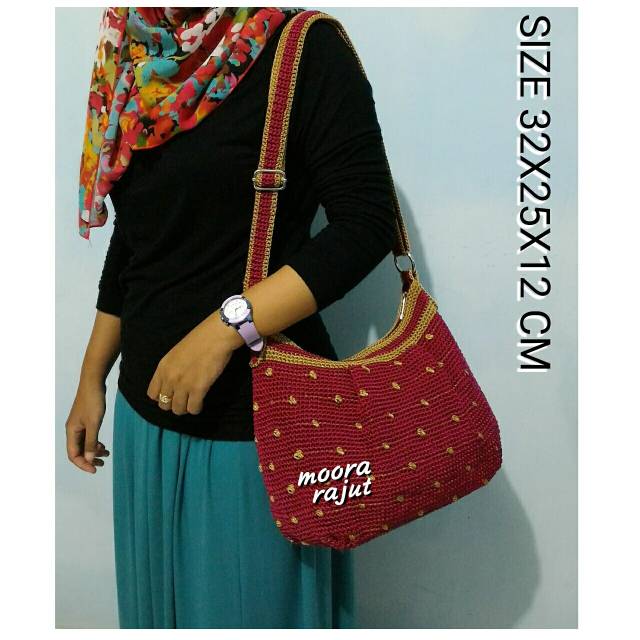  Tas  rajut  moora slingbag murah hobo  mini cherry marun 