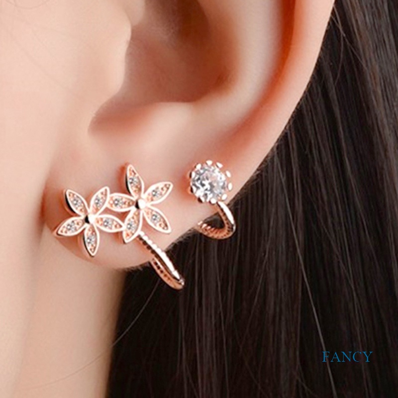 Anting Klip Bentuk Bunga Warna Silver Rose Gold Untuk Wanita