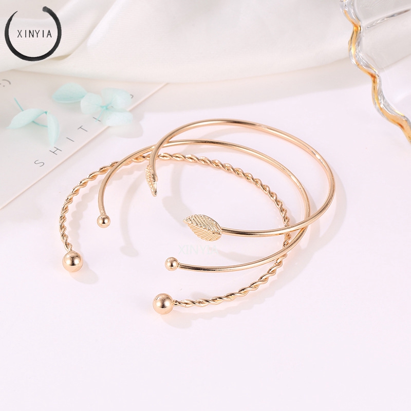 3Pcs / Set Gelang Wanita Model Vintage Simple Elegan Motif Daun Hollow