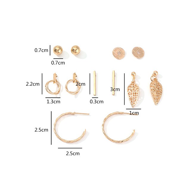 LRC Anting Tusuk Fashion Golden Geometric Alloy Ring C-shaped Leaf Earring Set D81680