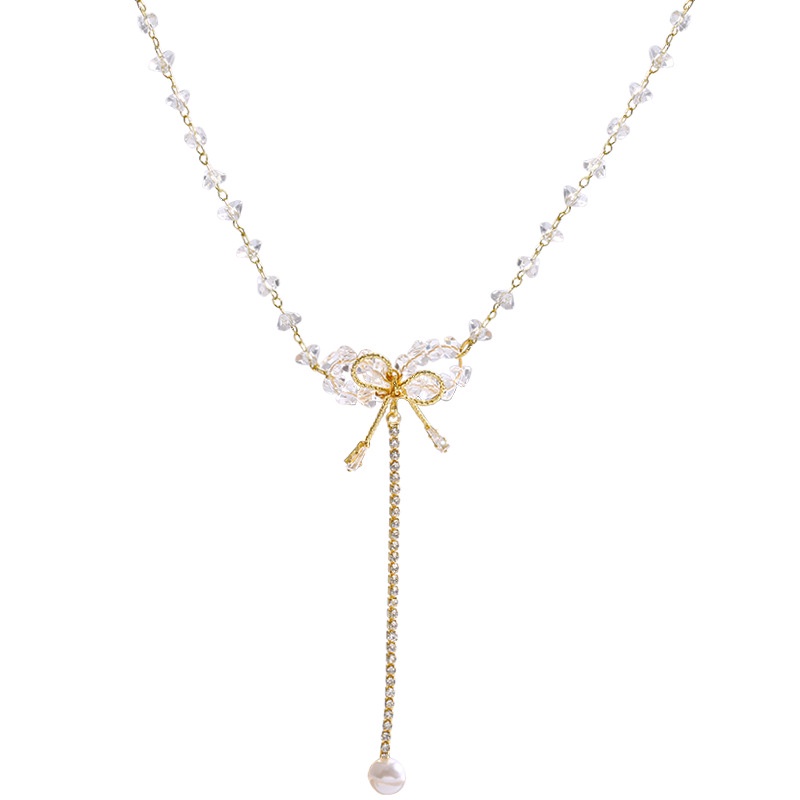 Kalung Choker Wanita Model Pita Rumbai Hias Kristal Mutiara