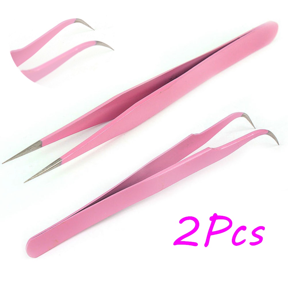 2pcs Pinset Lurus + Bengkok Bahan Steel Warna Pink Untuk Extension Bulu Mata