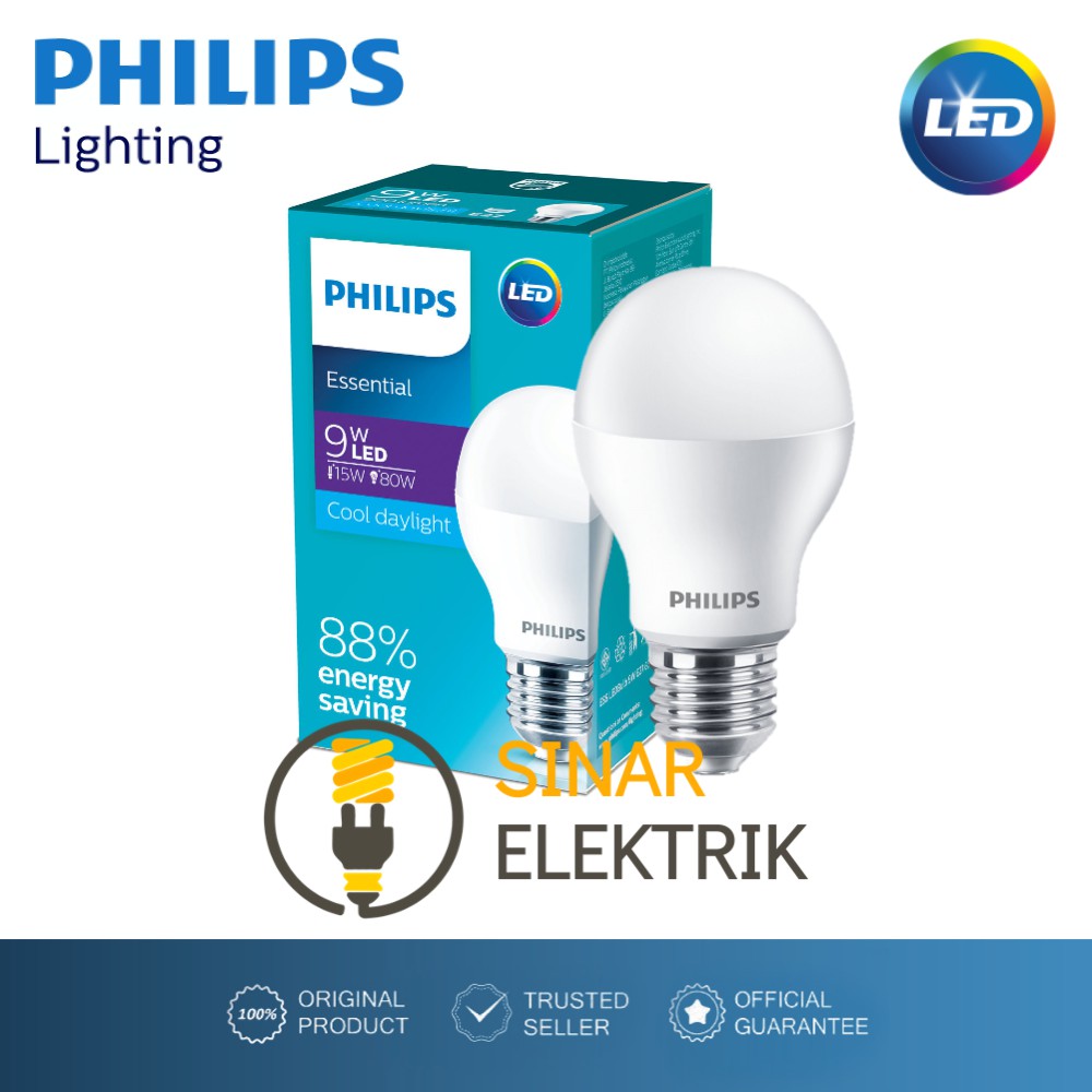 Lampu LED Philips Essential 9 Watt Putih - Bohlam LED Bulb 9W W Wat 9Watt Murah Original Garansi