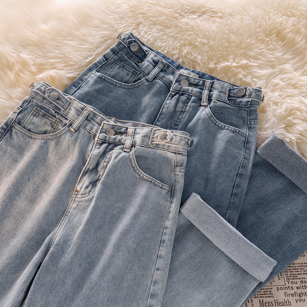 Biru Korea Highwaist Loose Kasual Celana Jeans Panjang Wanita(Pinggang bisa penyesuaian)