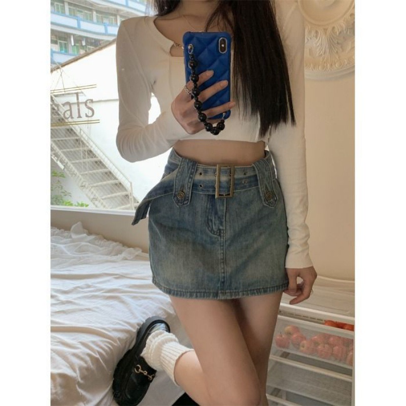 #Sisjuly# LemakmmPlus Ukuran Rasa Desain Denim Rok Legging2022Musim Semi Baru Wanita Hip Rok Hitam Half-Length