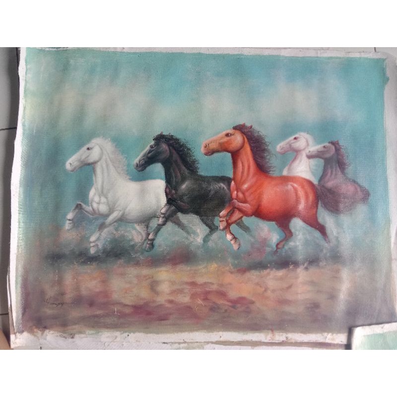 Lukisan asli kanvas,Lukisan kuda berlari 4 ekor,Ukuran 60×80