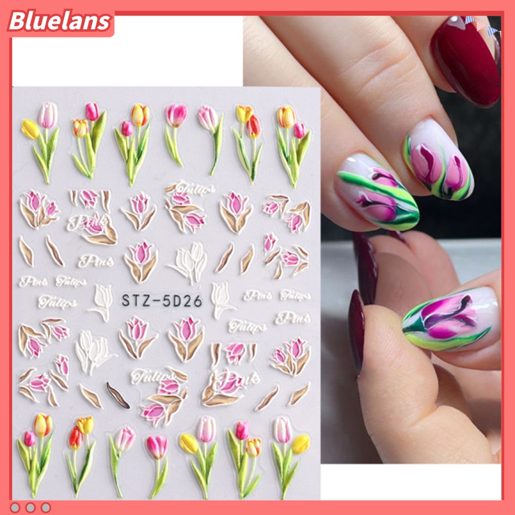 Bluelans Stiker Kuku 5D Efek Kertas Tiga Dimensi Desain Tulip Untuk Salon