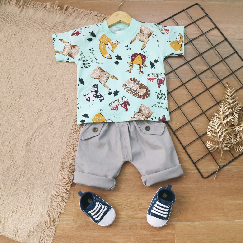 BARU! LIK047 - 2in1 Setelan Kaos Bayi Animals Forest Fashion Pesta Pergi Jalan