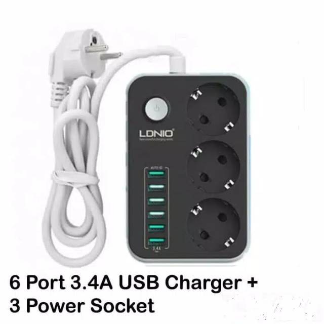 LDNIO charger SE3631 6 USB Port Smart Charger With 3 AC stop kontak