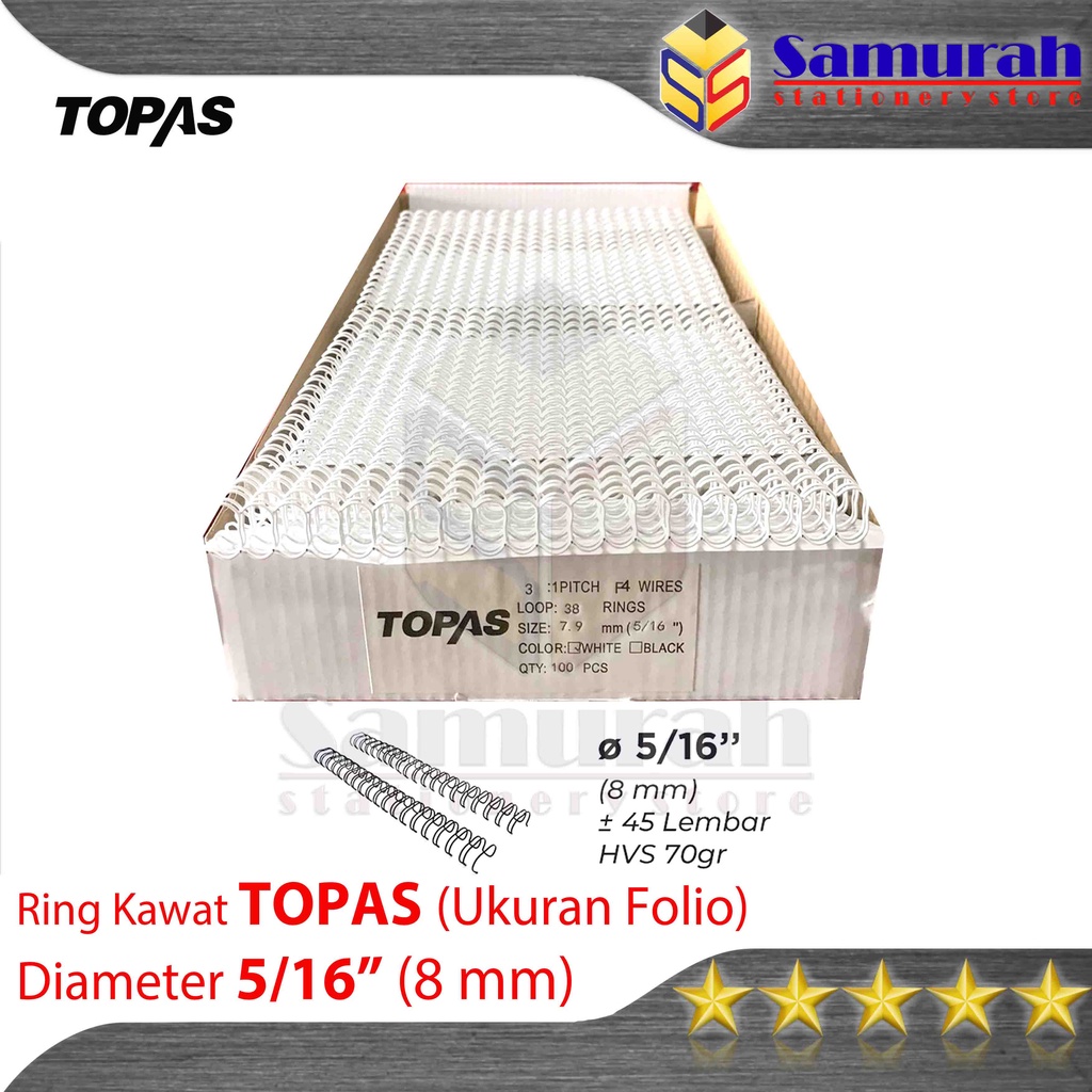

Ring Binder Kawat Topas Ukuran Folio 5/16" - Diameter 8 mm / 38 Wire Ring Binding 3 : 1 isi 100 Batang / 38 Lubang
