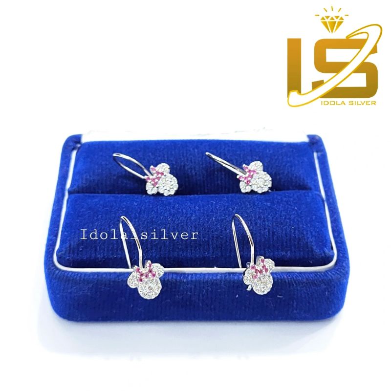 ANTING ANAK PERAK ASLI SILVER 925 LAPIS EMAS PUTIH MODEL MICKEY MOUSE HITAM DAN PINK - PERHIASAN PERAK ANAK