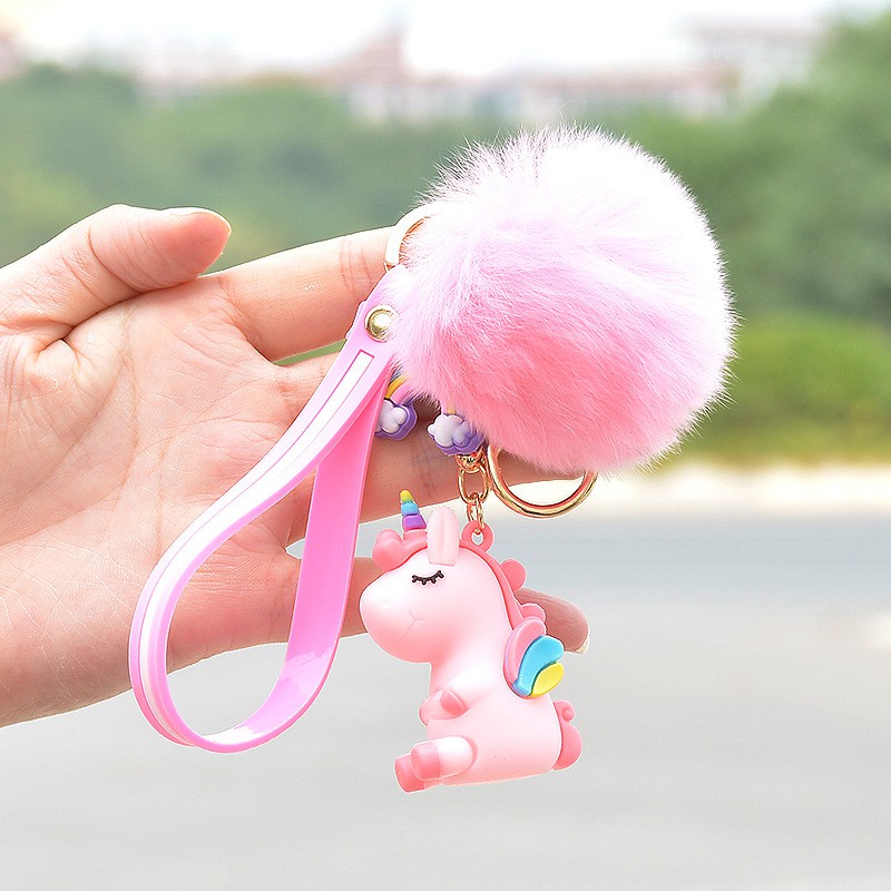 Ganci pom pom bulu unicorn gantungan kunci karakter unicorn anak Lucu