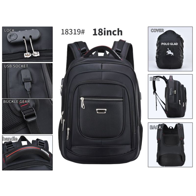 POLO GLAD Tas Ransel Kerja Tas Sekolah Kunci Usb Port 18 inch Original Import + Raincover