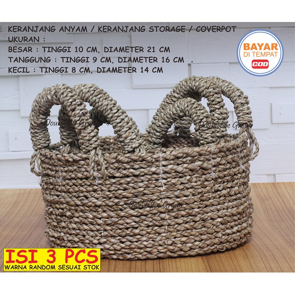 Hiasan Keranjang Anyam Kuping, Cover Pot Anyaman isi 3. Seagrass Basket (size 10,9,8)