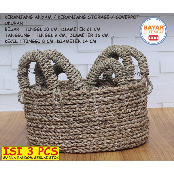 Hiasan Keranjang Anyam Kuping, Cover Pot Anyaman isi 3. Seagrass Basket (size 10,9,8)