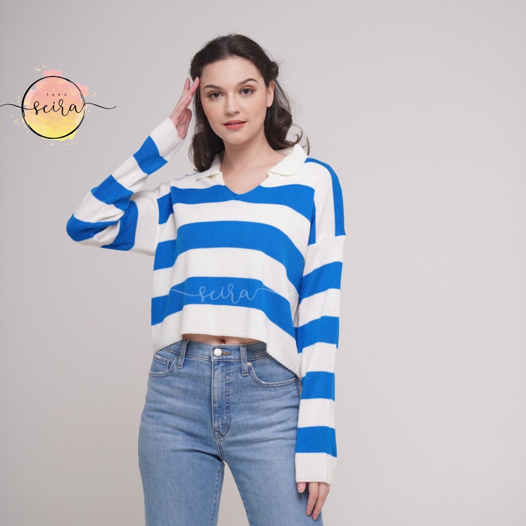 [BISA COD] Cora Knit Top Baju Blouse Rajut / Rajut Motif Garis Kekinian / Outer Rajut Crop Blaster