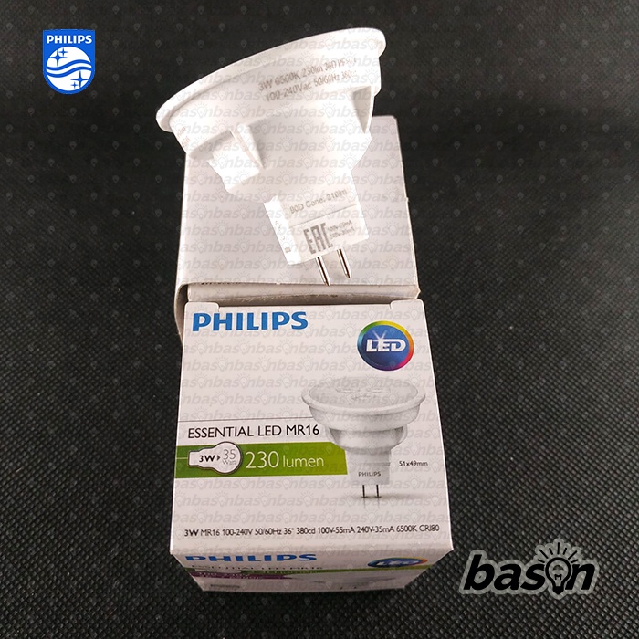 PHILIPS Essential LED MR16 3W 36D 100-240V | Halogen / Lampu Mangkok | 3000K atau 6500K