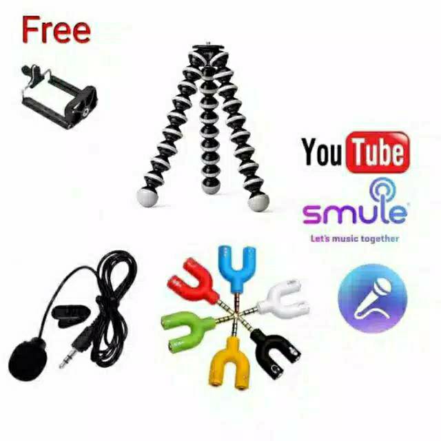 satu set PAKET YOUTUBE YOUTUBER VLOG VLOGGER SMULE ALAT REKAM REKAMAN MIC CLIP ON  AUDIO U SHAPE