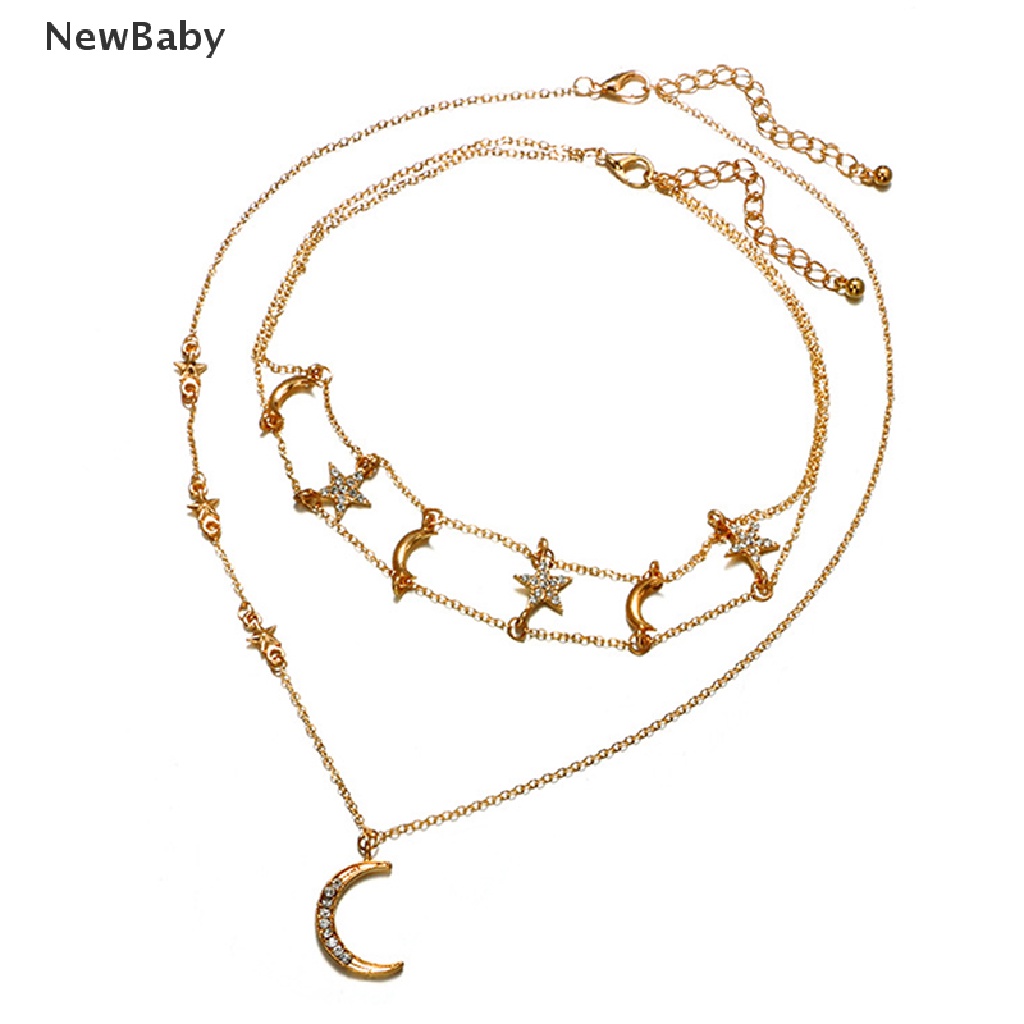Kalung Rantai Multilayer Dengan Liontin Bulan Bintang Warna Emas Untuk Wanita