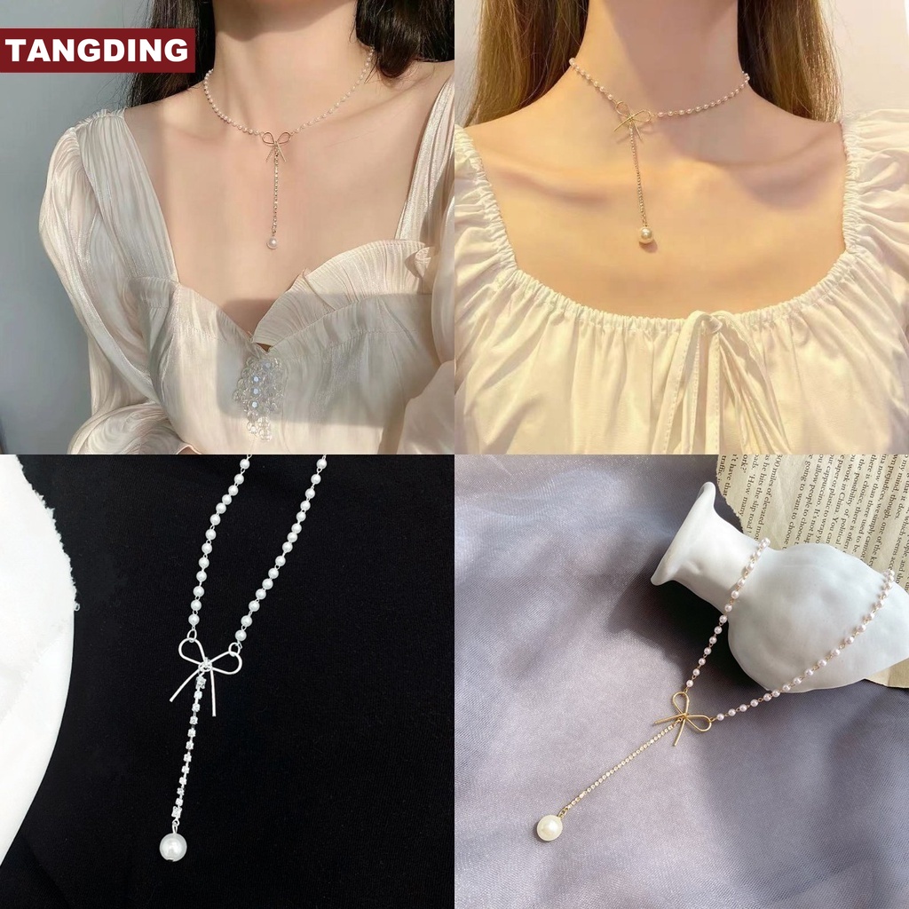 【COD Tangding】Bowknot Pearl Pendant Necklace Women Temperament Simple Clavicle Long Style Chain Korea Fashion Accessories Jewelry