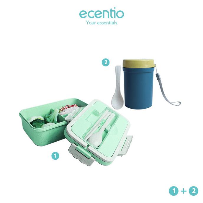 Ecentio Lunch Box Set Kotak Makanan Anti Tumpah Tas Bekal Set - Hijau,1Dan2