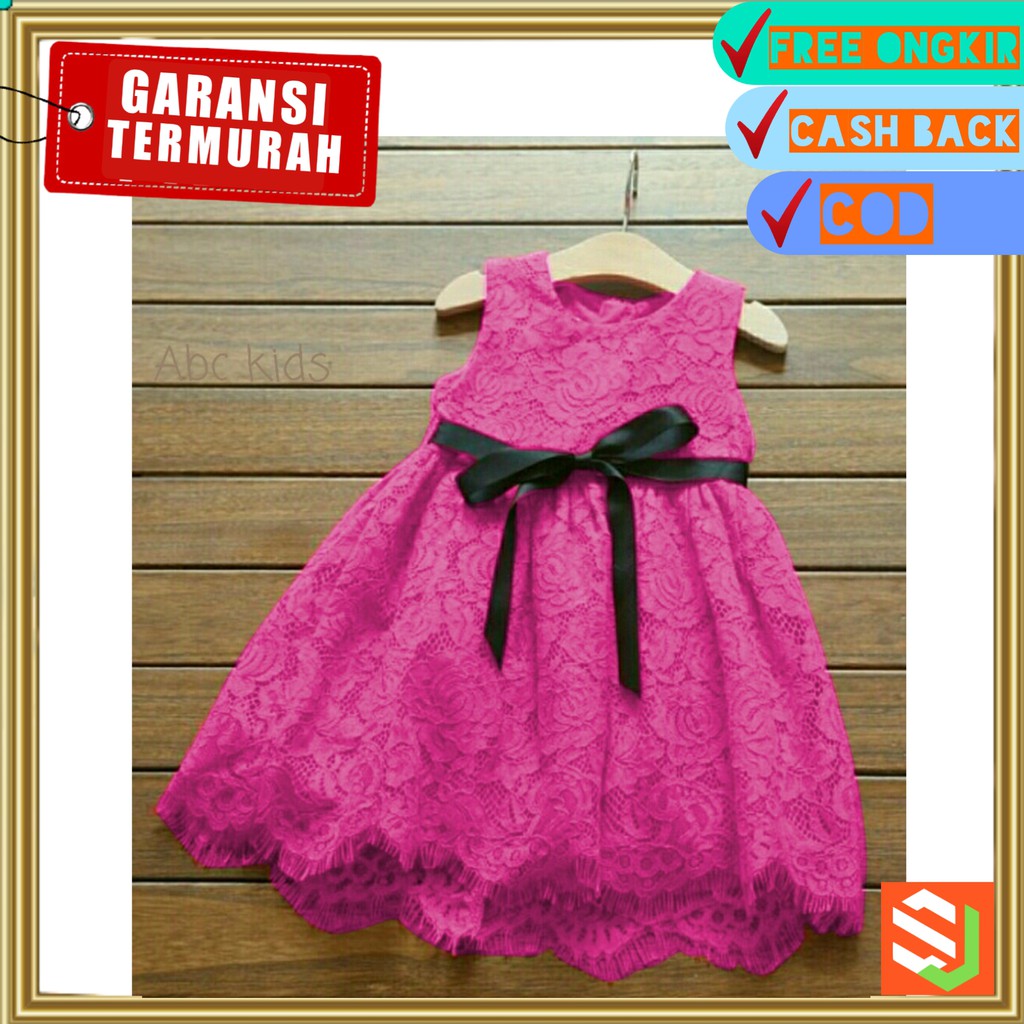 Baju Dress Gaun Baju Anak Cewe Cewek Perempuan Umur 2 3 4 Tahun Bahan Brokat Pink Fanta LISKIDS