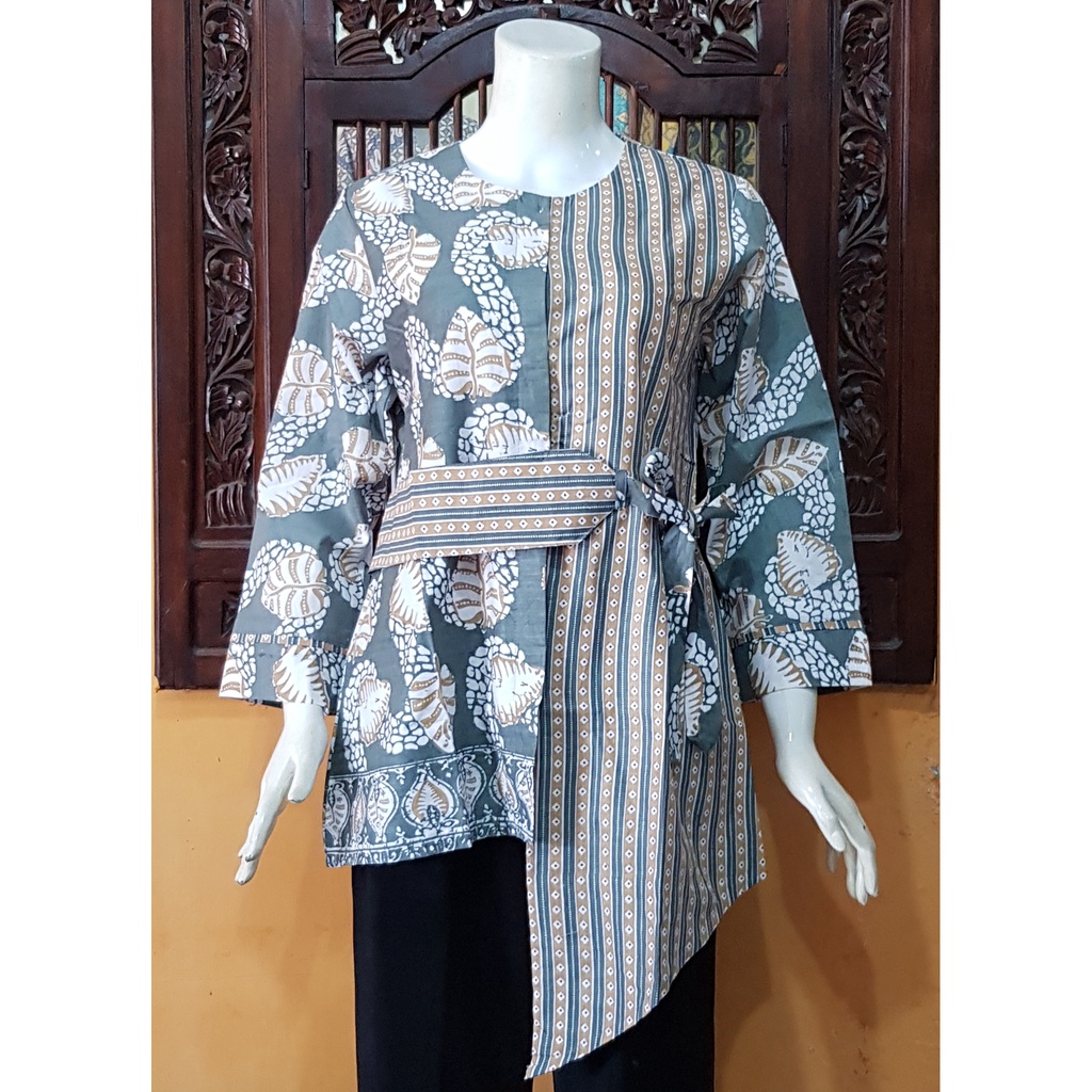 NEW Blus Lengan Panjang Kancing Depan Blouse ENAMOSA Atasan Kemeja Batik Wanita Motif Pekalongan -272-Daun Batu Hijau