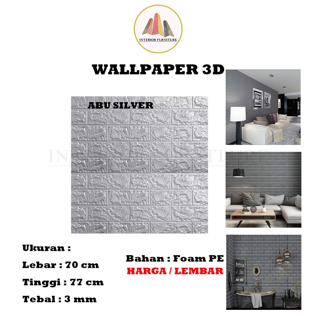 Wallpaper Dinding 3D Motif Bata Wood Foam Dekorasi Kamar Dekorasi Ruang Tamu murah 70x77cm-Abu Silver