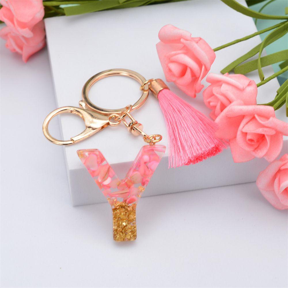 【 ELEGANT 】 26huruf Gantungan Kunci Lucu Fashion Merah Muda Jumbai Liontin Perhiasan Mobil Keyring Alphabet Key Chain