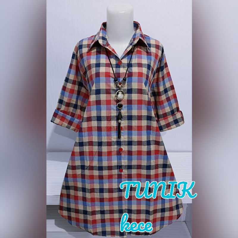 tunik kotak kecil warna,tunik lengan panjang,tunik katun,busana wanita,pakaian wanita,