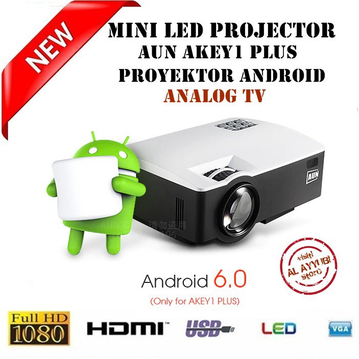 AUN AKEY1 Plus WiFi Proyektor 1080P 1800 Lumens Android 6.0 Proyektor Android Mini Projector TV