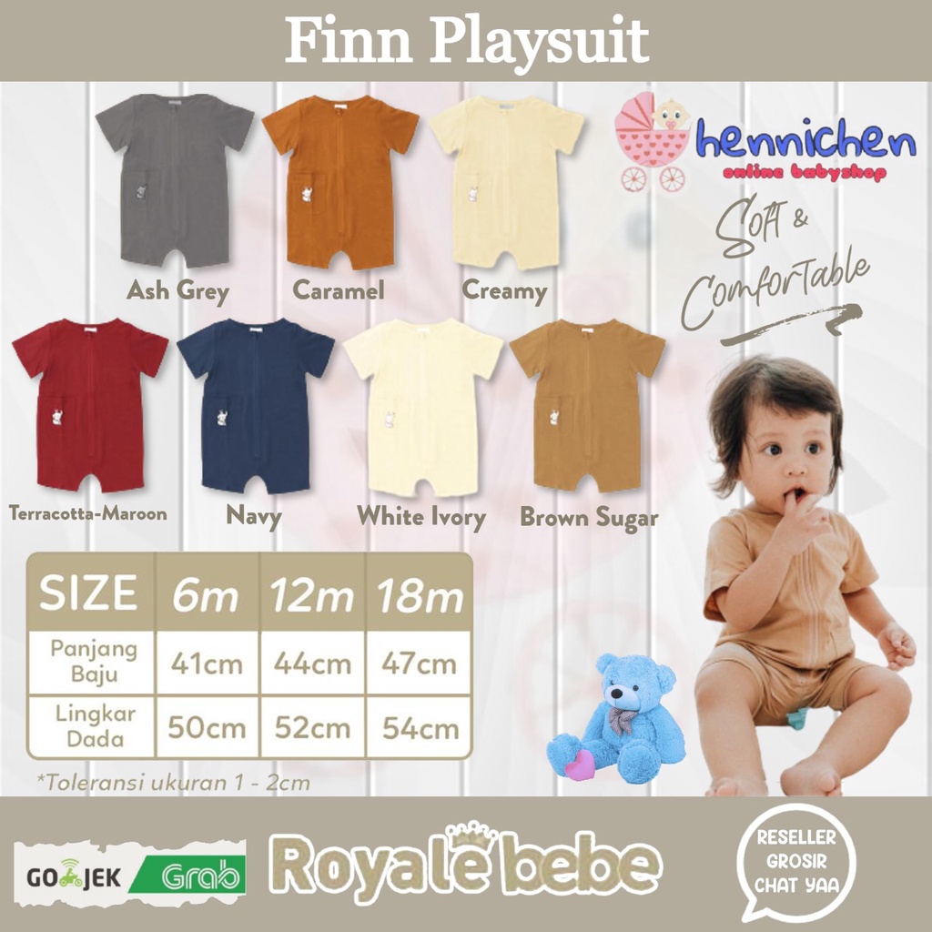 ROYALE BEBE FINN zipper PLAYSUIT BAYI ROMPER KODOK BAYI BAJU BAYI BAJU ANAK 6-18 BULAN