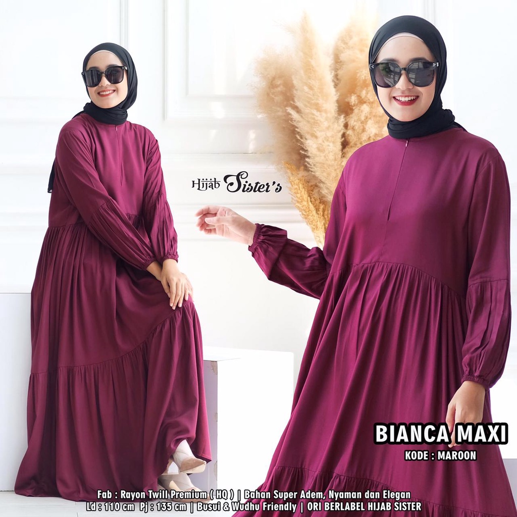 TERMURAH BIANCA MAXI MAROON DRESS BY HIJAB SISTER/DRESS RAYON POLOS/DRESS RAMPEL SUSUN/DRESS LENGAN