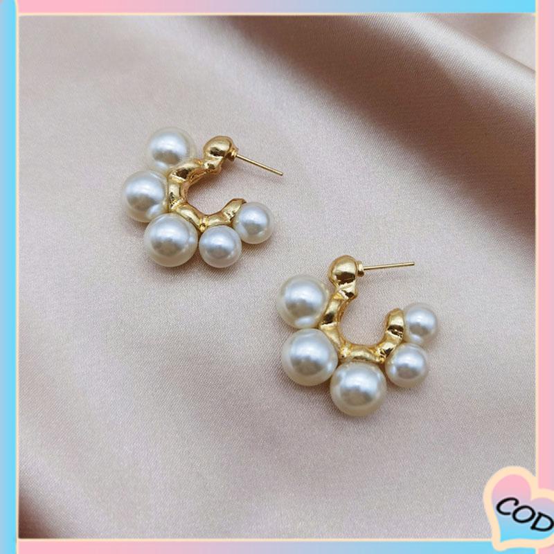 COD❤️ Retro Desain Ceruk Mutiara Besar Berbentuk C Rasa Anting Temperamen Tidak Teratur-A.one