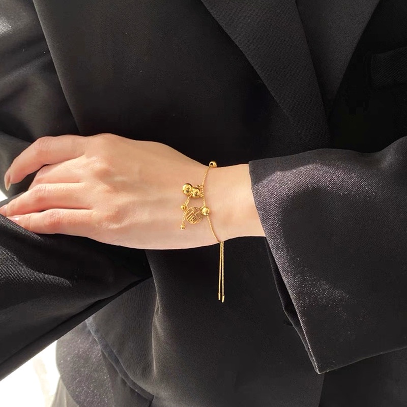Gelang Titanium Rumbai Labu 'Fu' Keberuntungan Emas 18K Anti Karat Aksesoris Wanita Korea