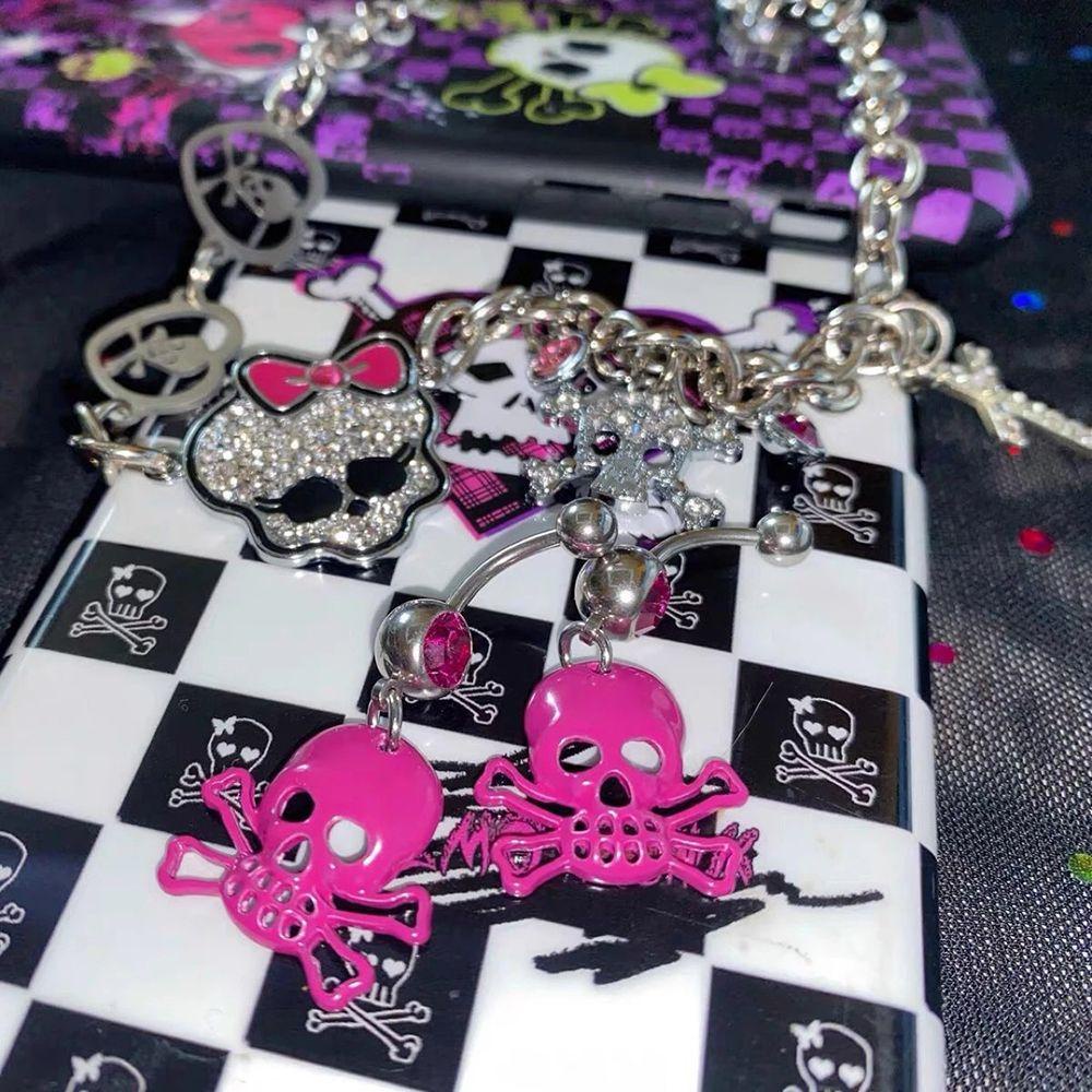 Mxbeauty Y2K Kalung Tengkorak Punk Populer Liontin Kalung Pin Fashion Perhiasan Skeleton Baja Titanium Kristal Pusar Kuku