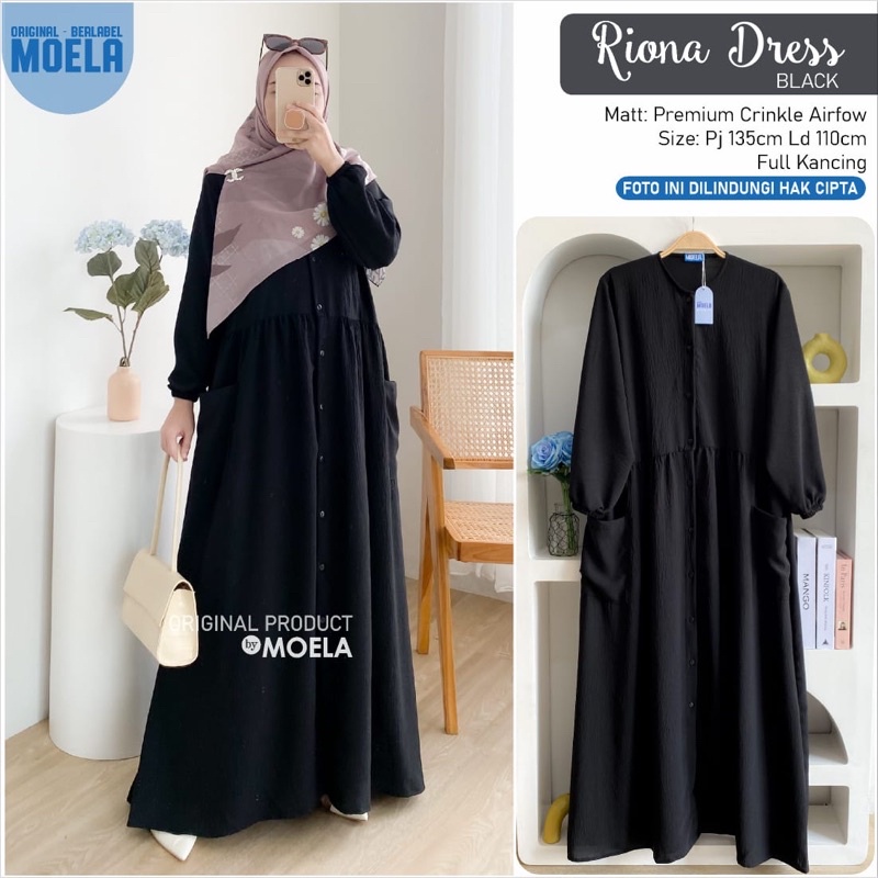 Dress Polos Crinkle Spesial Black Full Kancing Riona Dress Original by Moela