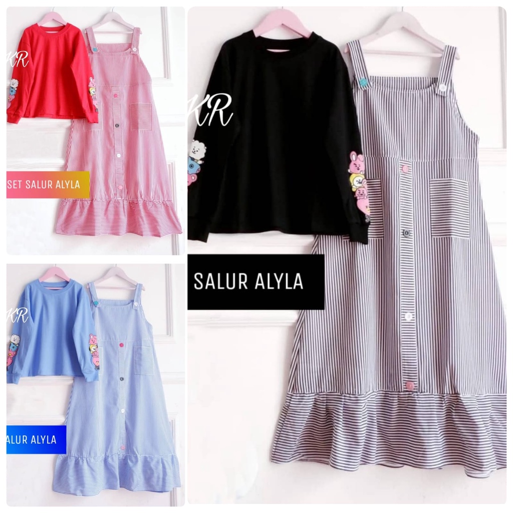 4 UKURAN (S, M, L, XL) PAKAIAN ANAK PEREMPUAN SETELAN OVERALL SALUR SET ALYLA 2IN 1 KID KR ADA VIDEO REAL PICT