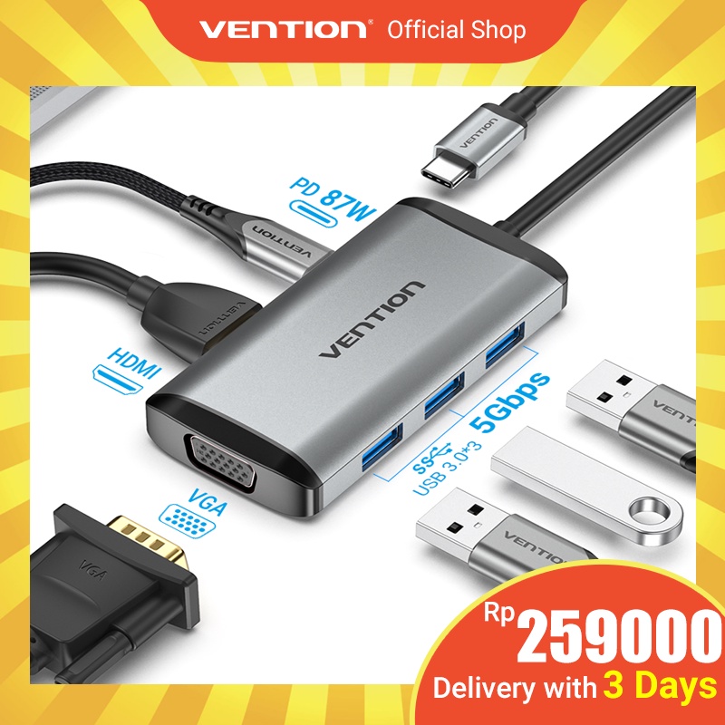 Vention Usb C Ke Hdmi Vga Adapter Usb C Hub Dengan 4k Hdmi 1080p Vga Usb 3.0 Pd Charging Port