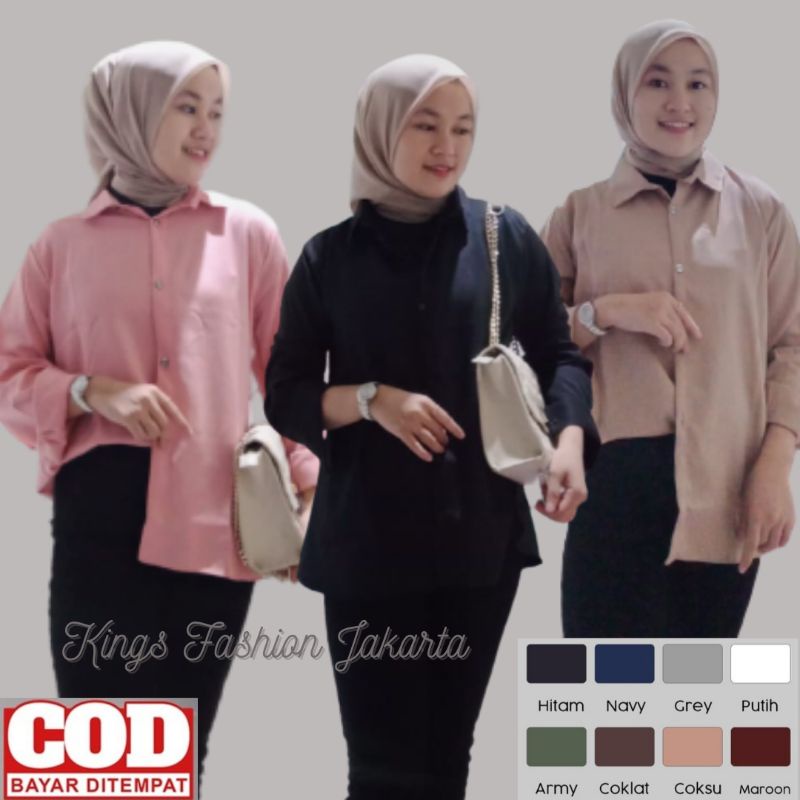Kemeja Wanita Basic Polos Putih Hitam Atasan Blouse Casual Lengan Panjang Hem Kerja Kantor Formal Bahan Moscrepe-3