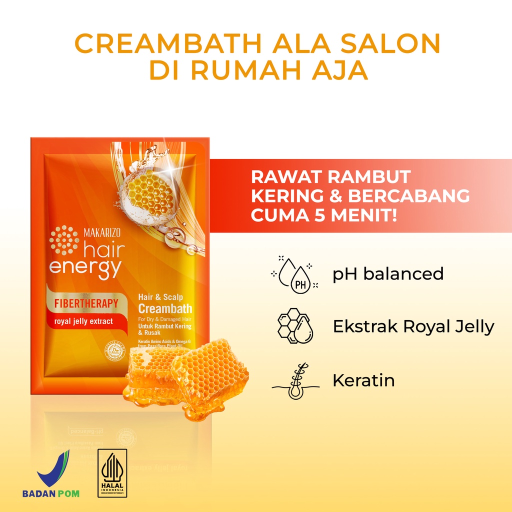 Makarizo Hair Energy Fibertherapy Hair &amp; Scalp Creambath Royal Jelly 30 mL / Perawatan Rambut Kering