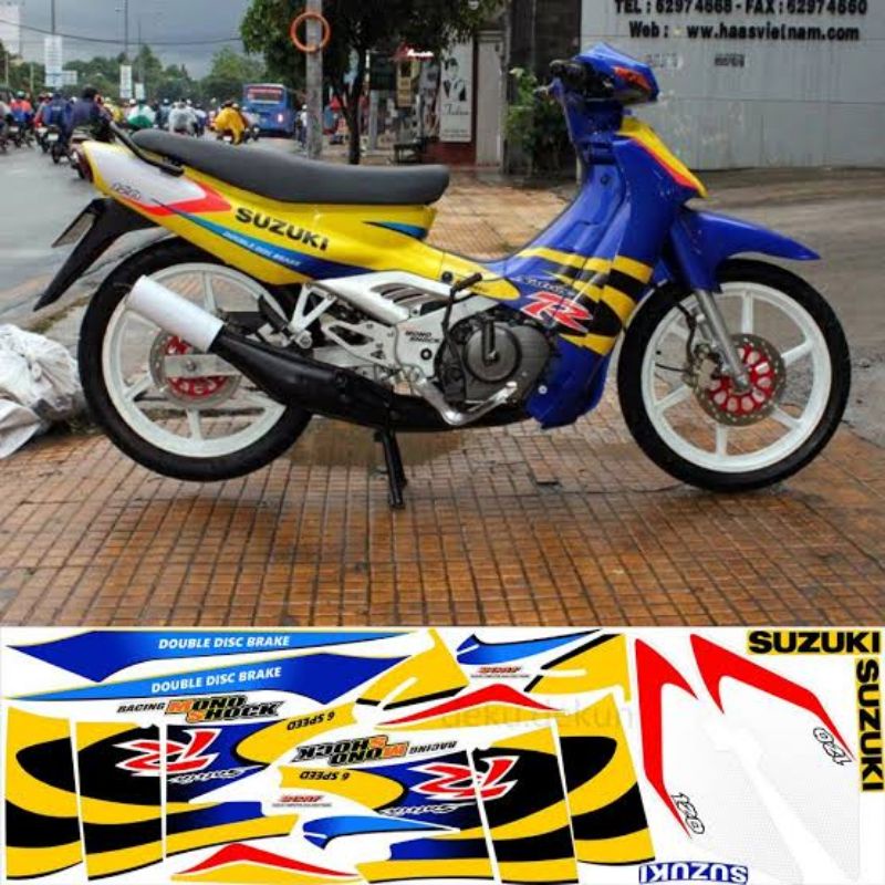 (BAYAR DITEMPAT) striping lis stiker standar ori satria 120 lumba 2002 biru kuning stiker ori satria